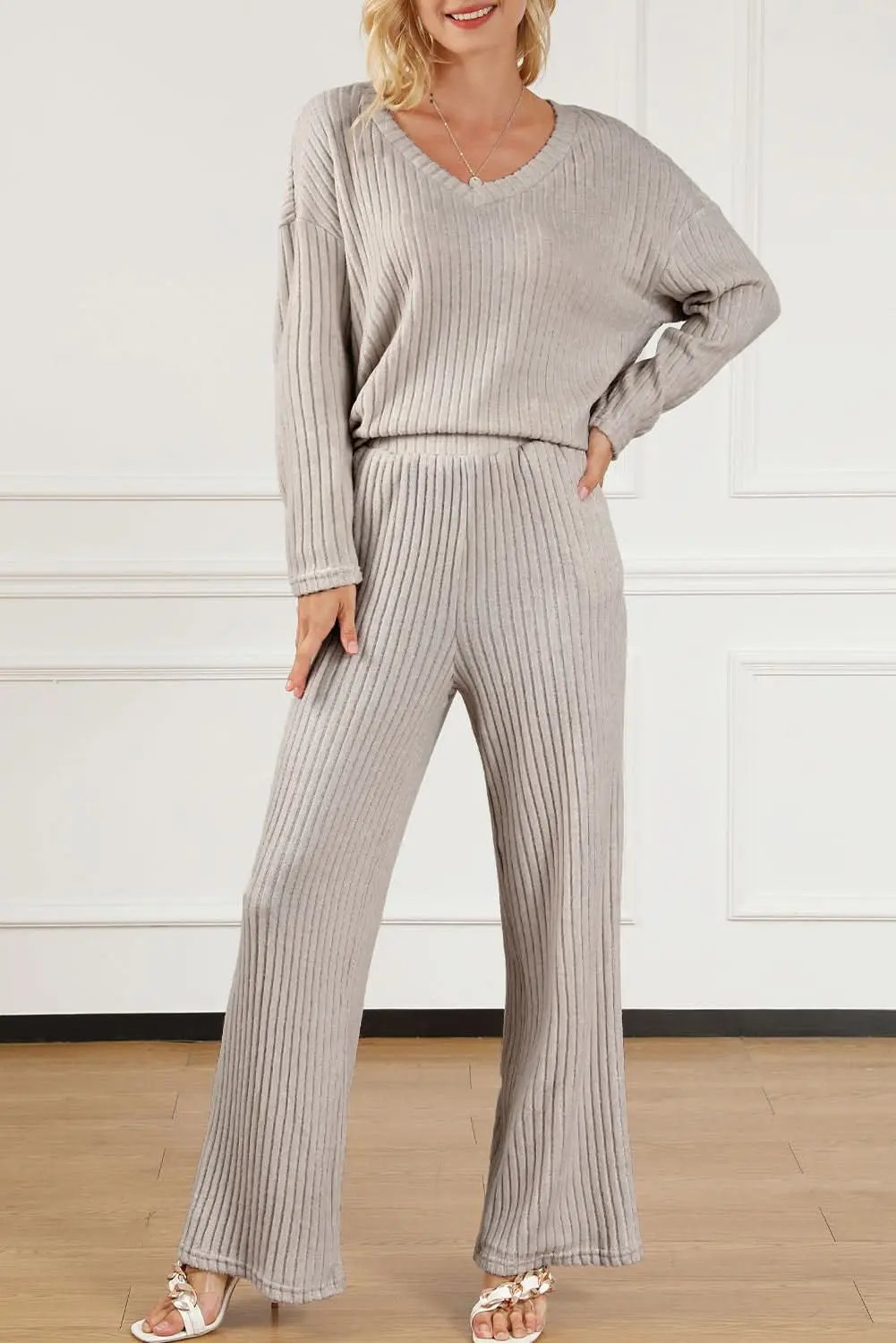 Chic khaki ribbed knit two-piece set - Love Salve